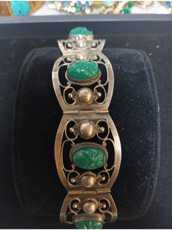 Taxco Jewelry - VINTAGE TAXCO MEXICO STERLING SILVER & JADE FILIGREE  BRACELET  (R4)
